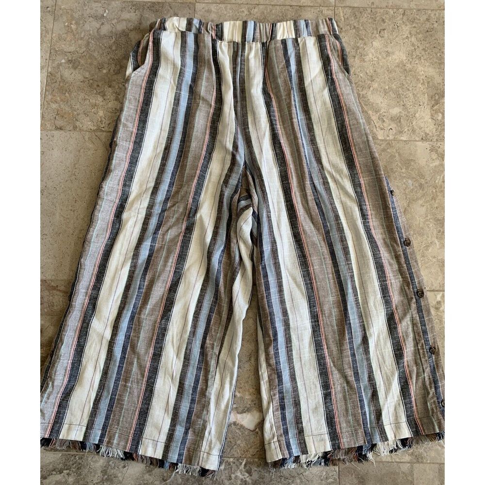For the Republic Striped Linen-Blend‎ Cropped Wide-Leg Pants Women's Size L
